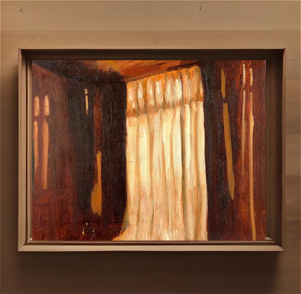 原画・油彩「夕方の部屋の中」絵画・F6(32×41㎝)アート・キャンバス