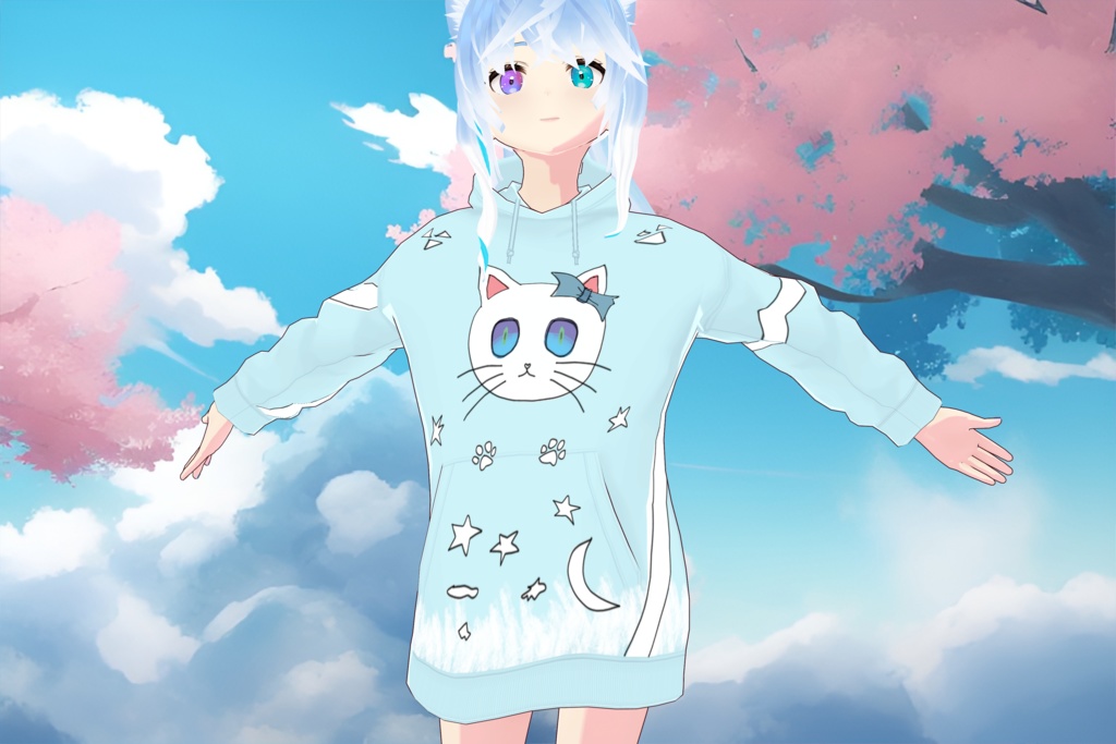 Neko Hoodie Sky blue Vroid Custom Item [VRoid用カスタムアイテム ネコフーディー スカイブルー ]
