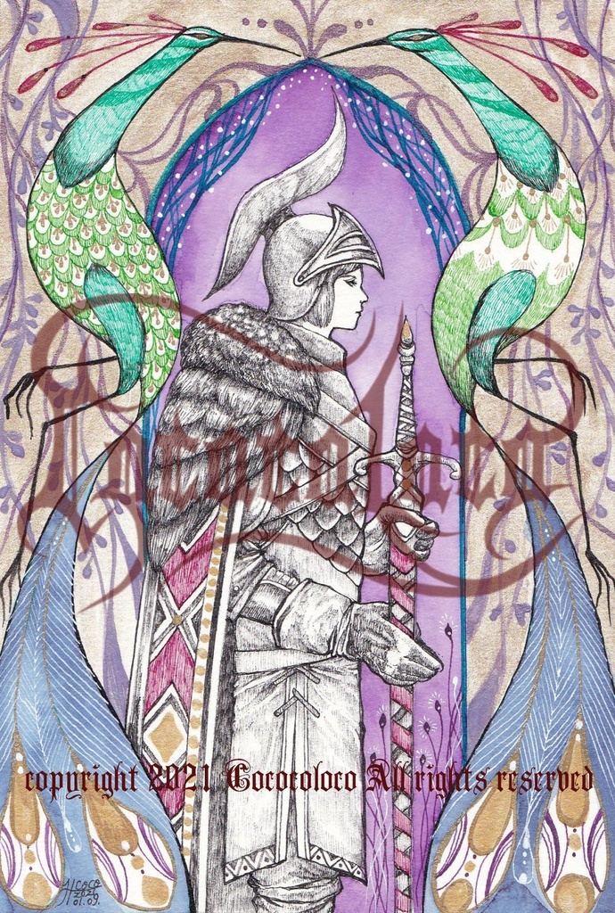 <額装イラスト原画>鳥の騎士