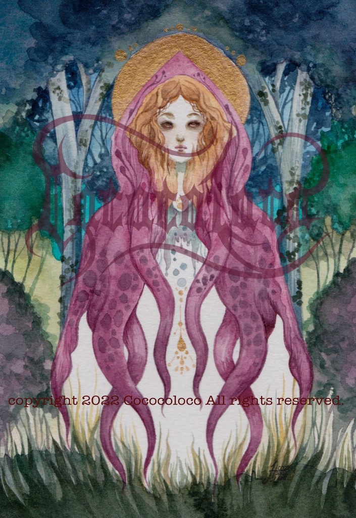 <額装イラスト原画>Red Riding Octopus