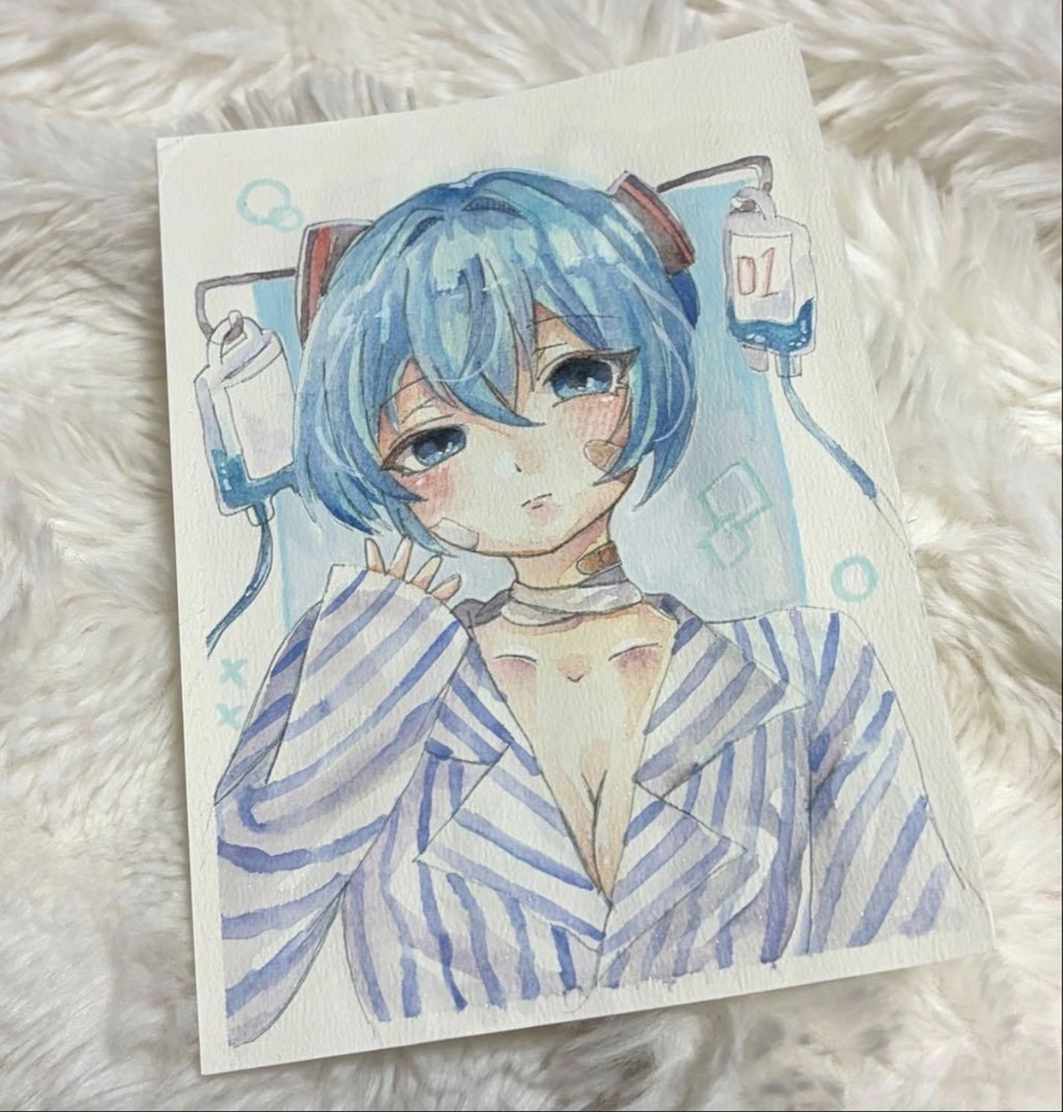 初音ミク VOCALOID 点滴ミク 水彩画 ファンアート 原画