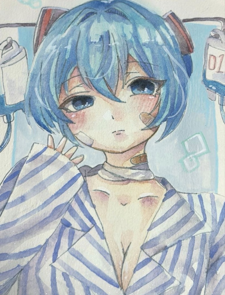 初音ミク VOCALOID 点滴ミク 水彩画 ファンアート 原画