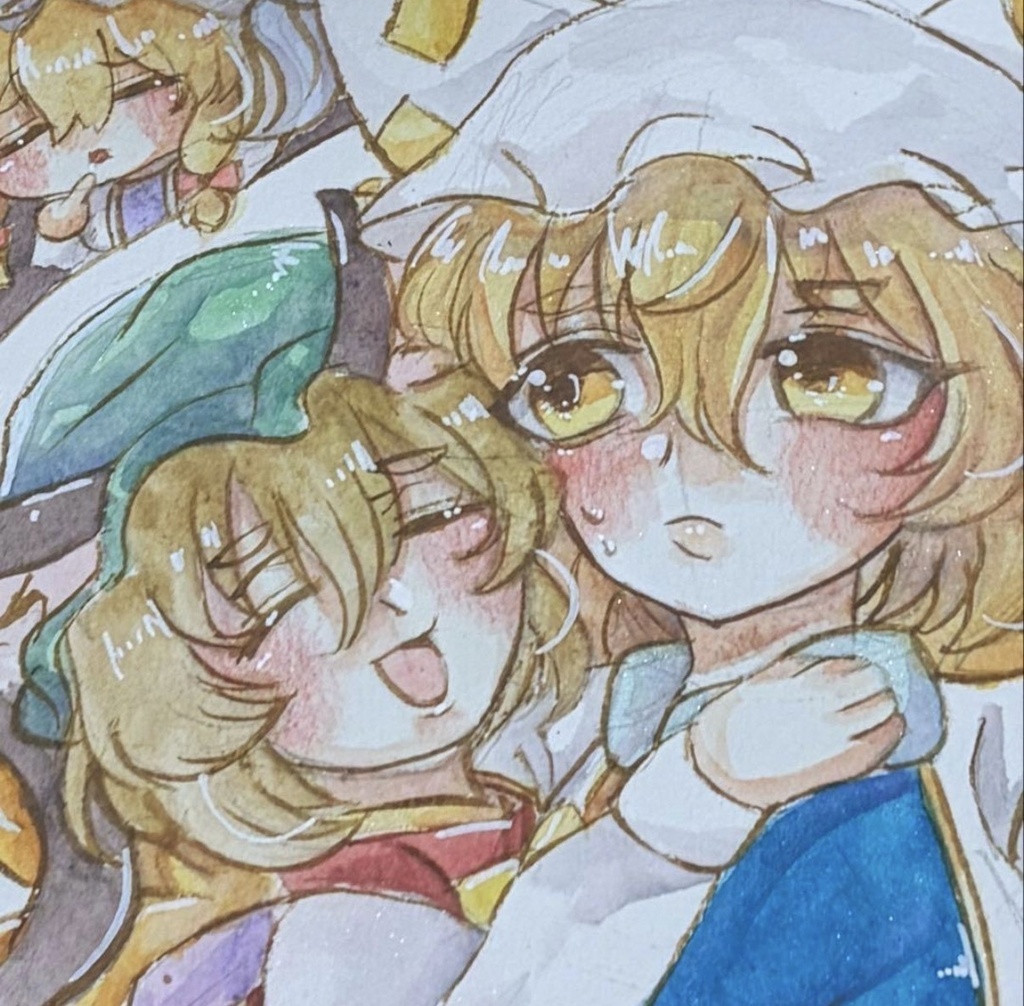 東方Project 八雲紫 籃 橙 八雲家 ファンアート 一点物 色紙 原画