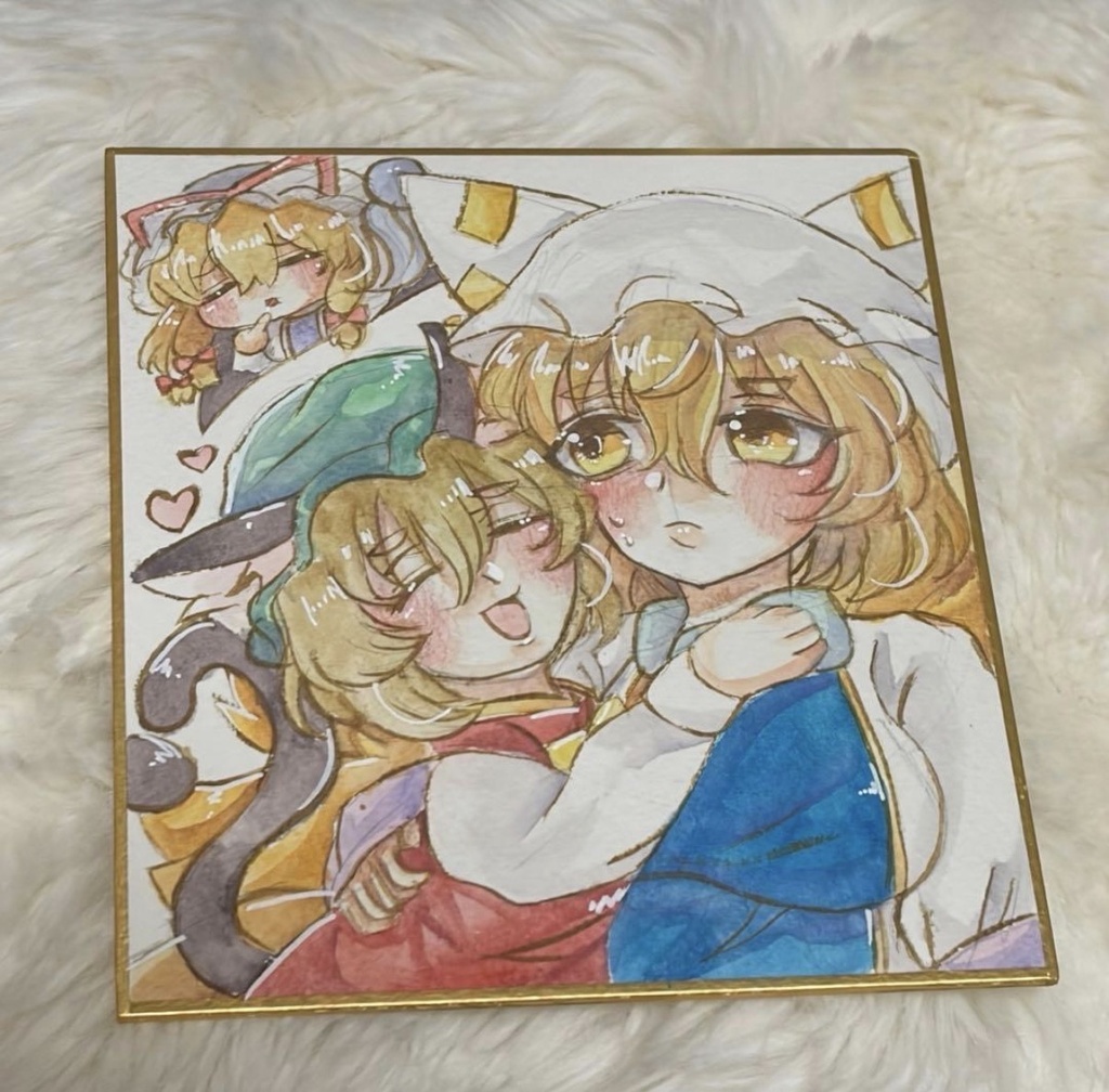 東方Project 八雲紫 籃 橙 八雲家 ファンアート 一点物 色紙 原画