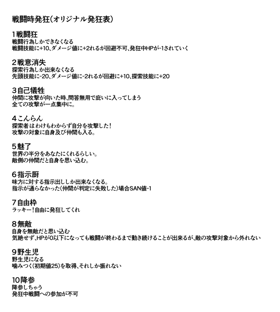 【CoC】戦闘用オリジナル発狂表