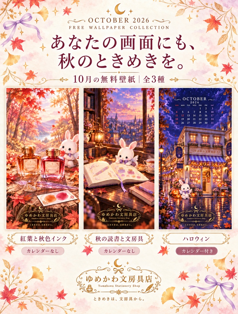 【無料】10月のスマートフォン用壁紙|全3種|ゆめかわ文房具店