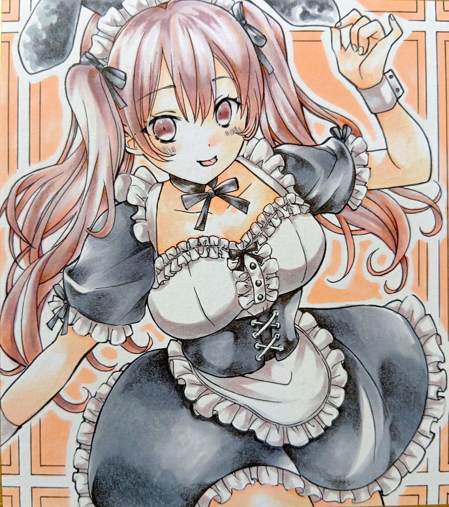 ミニ色紙イラスト　オリジナル　メイドさん⑤