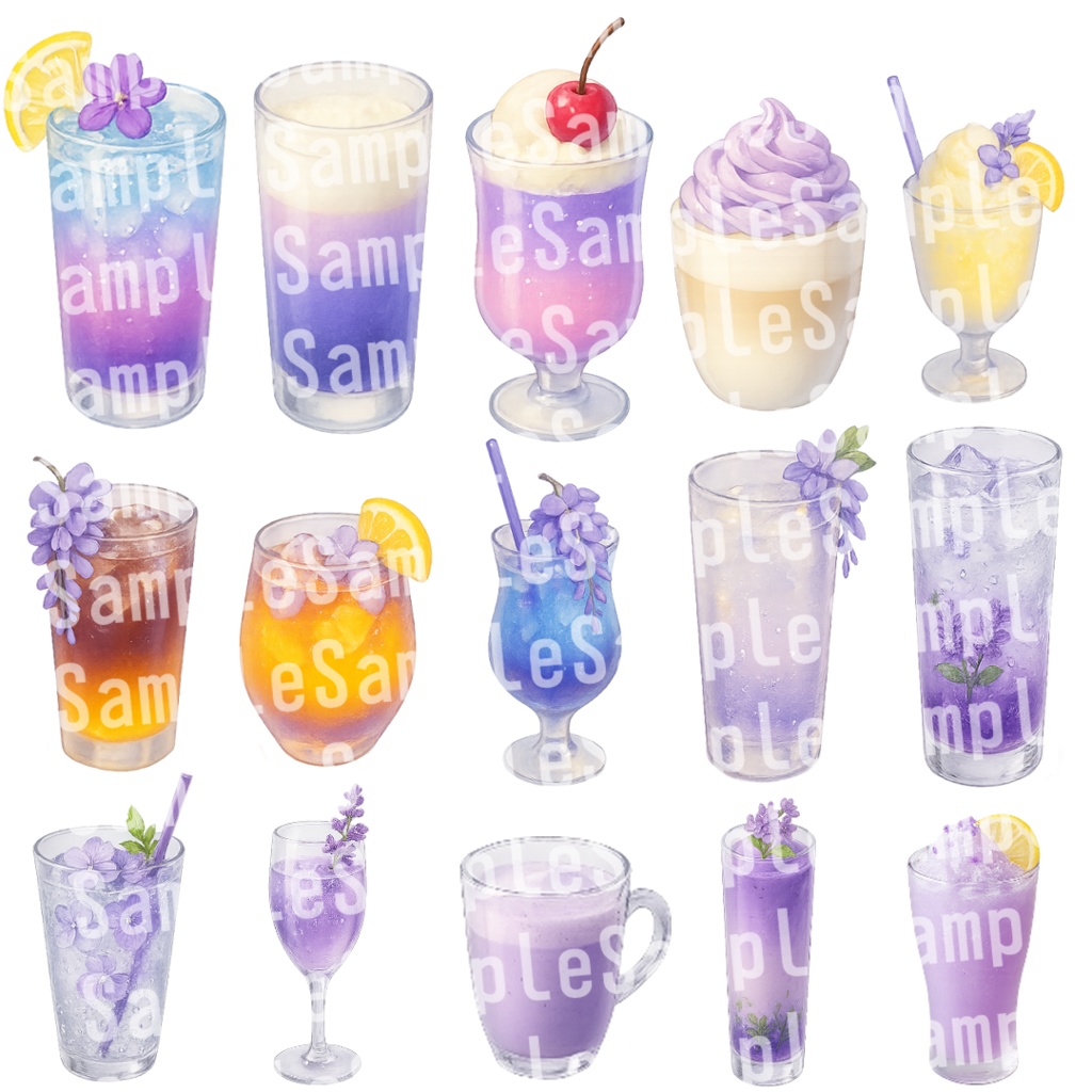 【透過済 PNG素材】紫の花のかわいいスイーツ&ドリンク