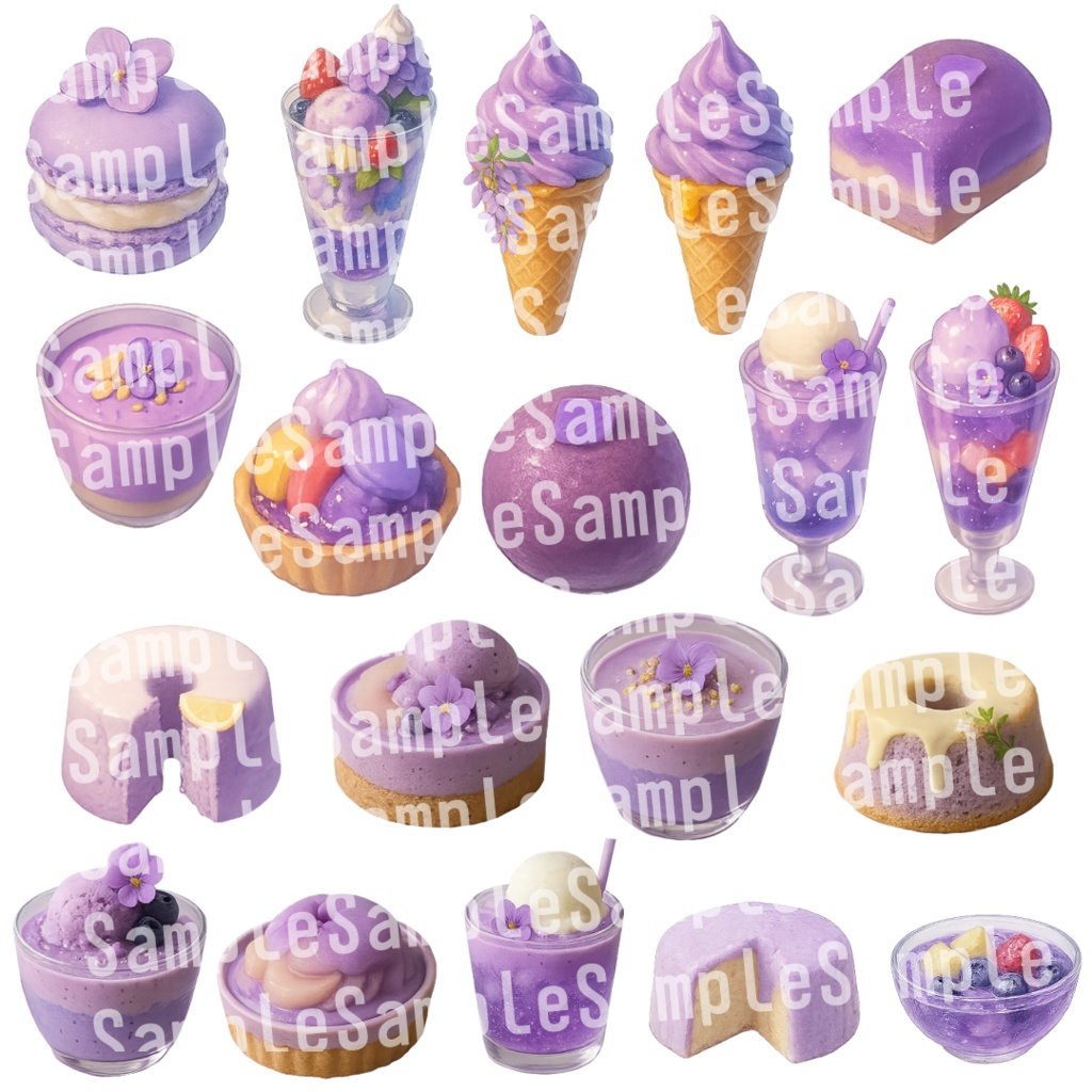 【透過済 PNG素材】紫の花のかわいいスイーツ&ドリンク