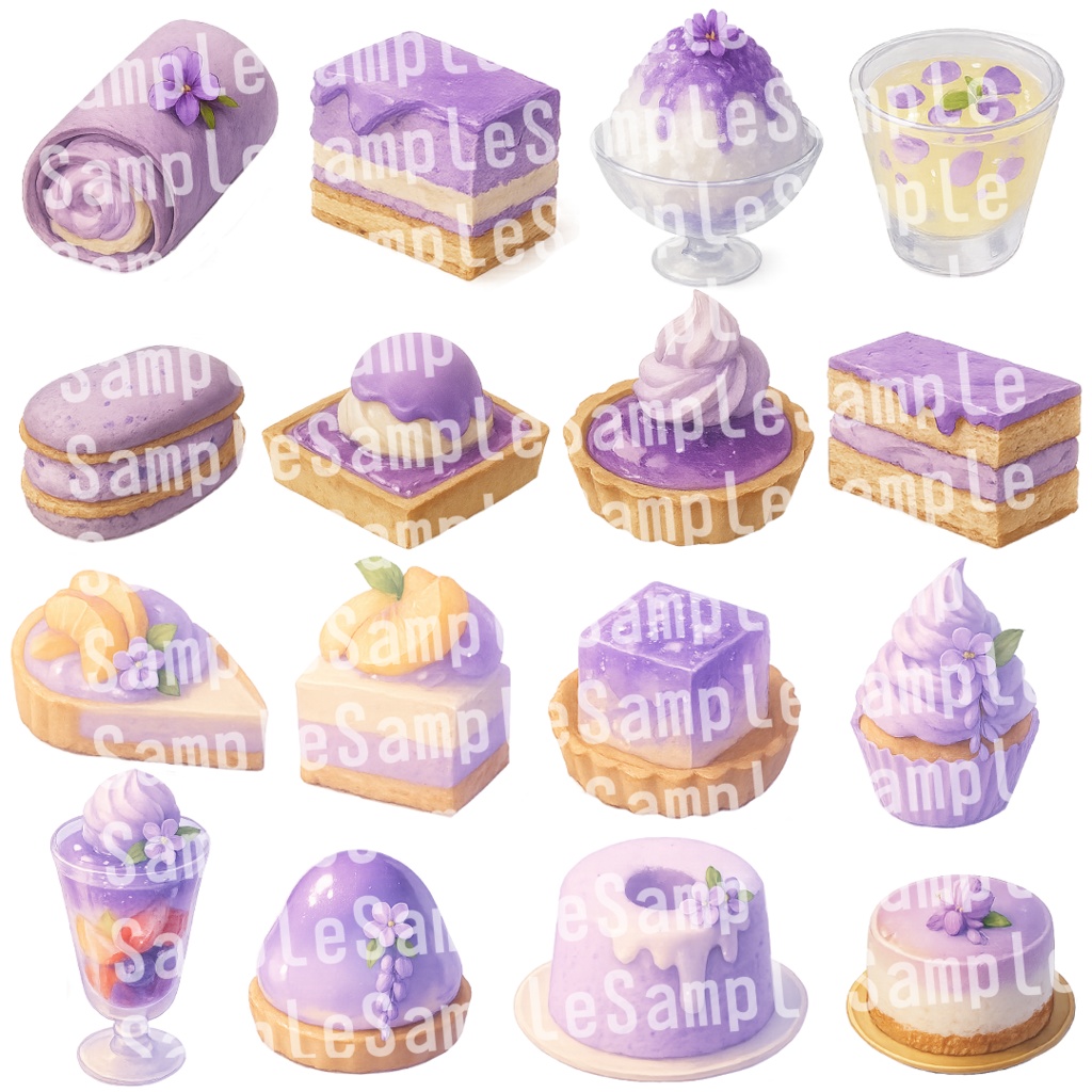 【透過済 PNG素材】紫の花のかわいいスイーツ&ドリンク