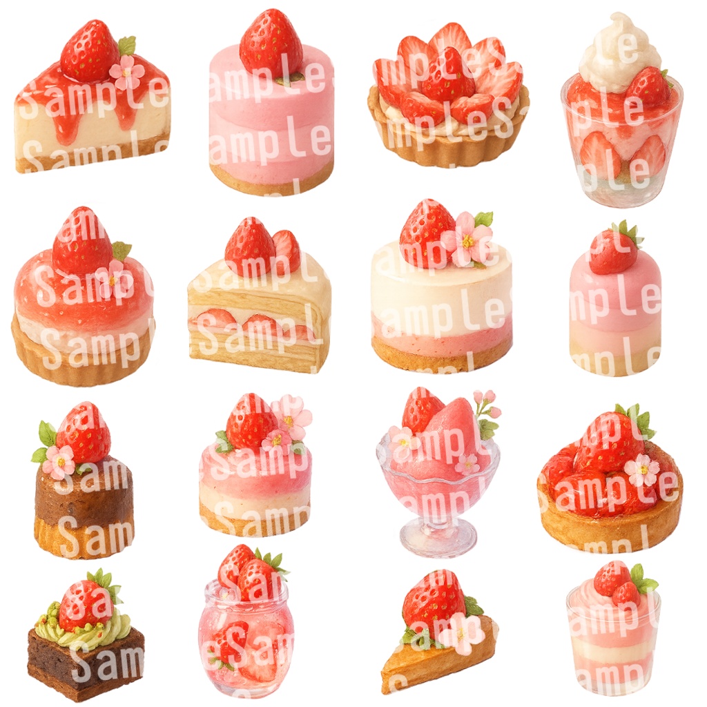 無料配布有【透過済 PNG素材】苺のかわいいスイーツ&ドリンク