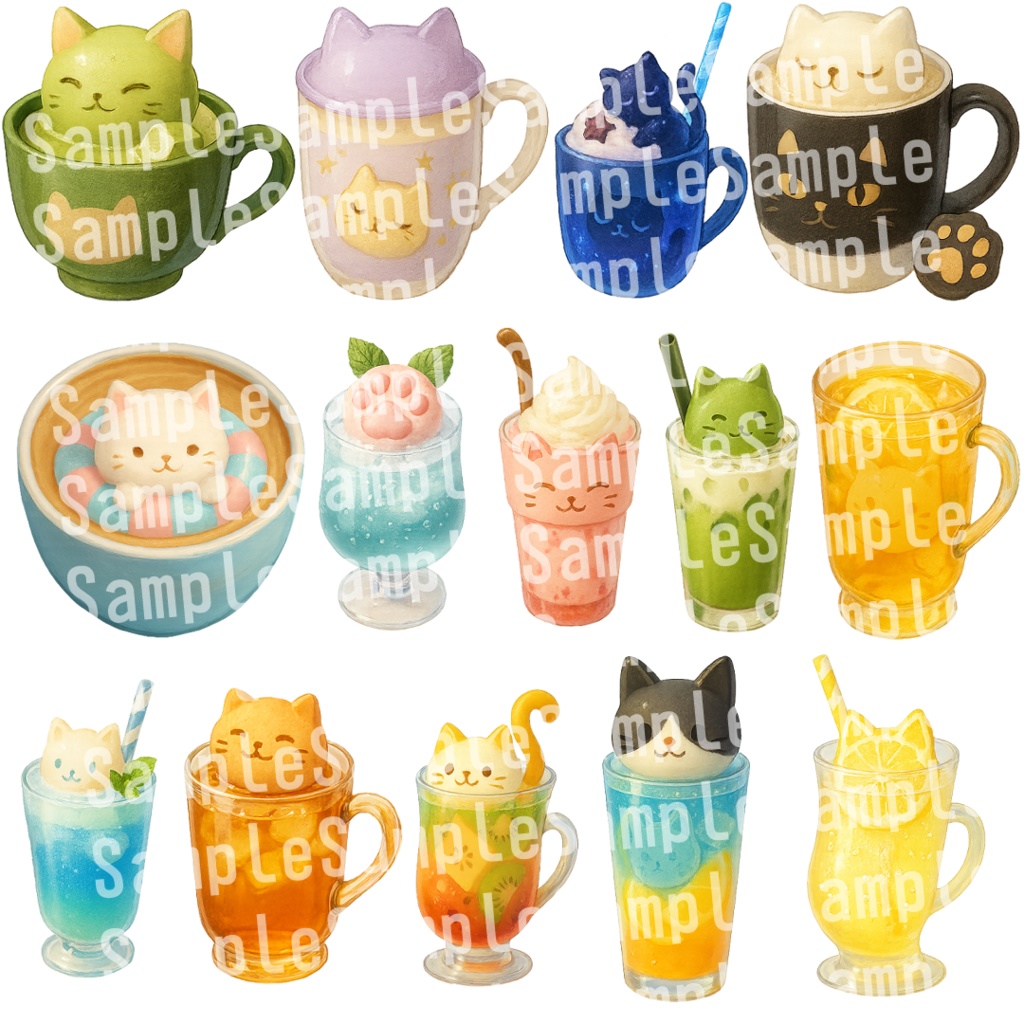 【透過済 PNG素材】猫のかわいいドリンク おまけ付き🐾