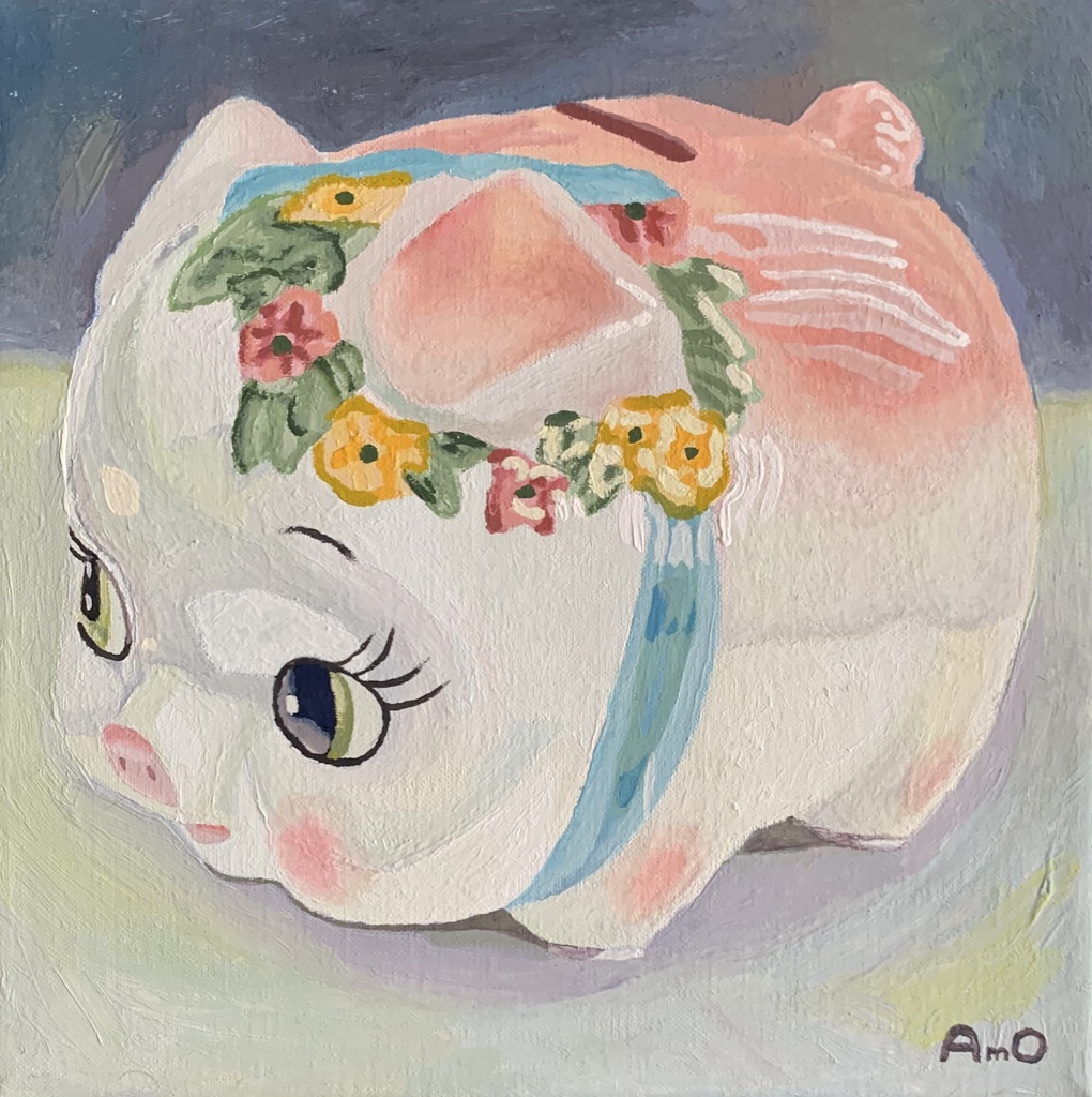 22.7×22.7㎝　キャンバス　アクリル画　「貯金箱」