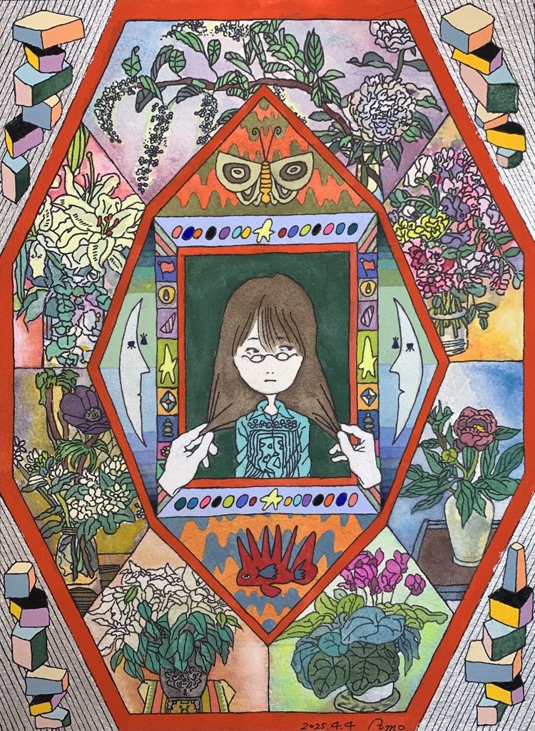 アクリル画　「待合室は華やか」　310×230mm  画用紙