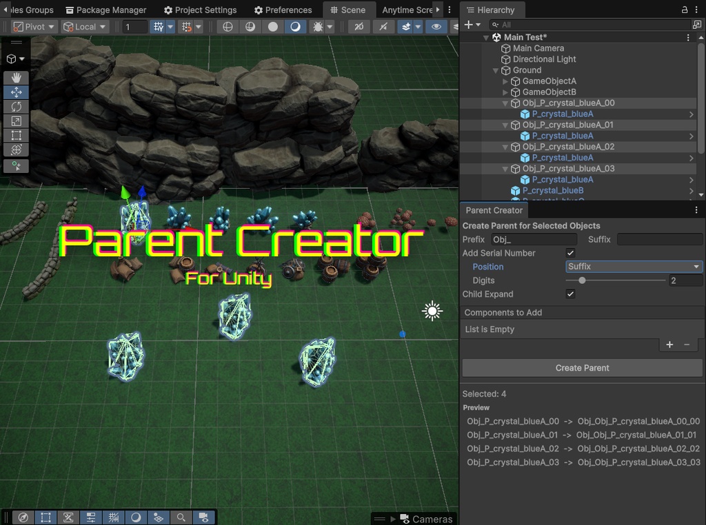 【親オブジェクトを一発作成】ParentCreator v1.0.0【Unityエディタ拡張】
