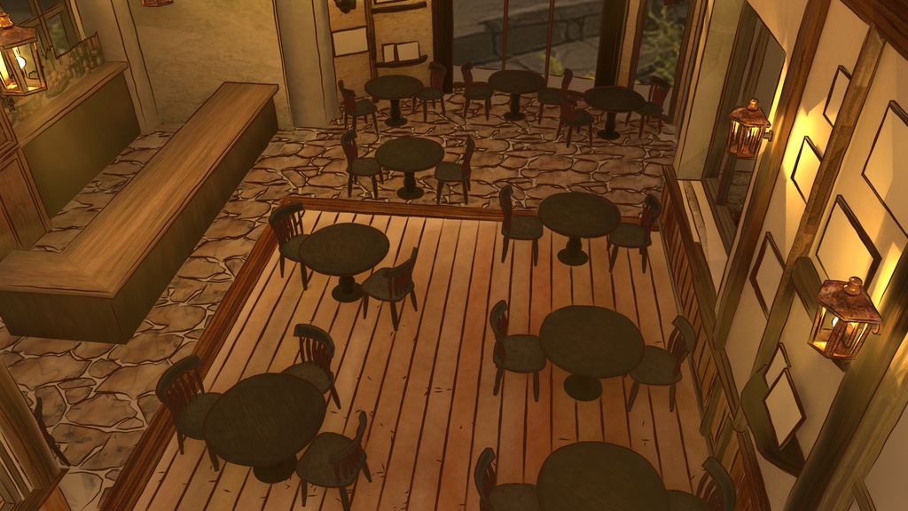 水彩風3D背景素材 異世界カフェ☕【昼・夕方・夜 HDRI切替】Blender対応