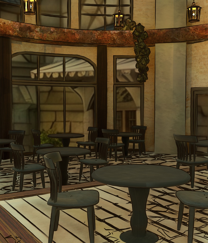 水彩風3D背景素材 異世界カフェ☕【昼・夕方・夜 HDRI切替】Blender対応