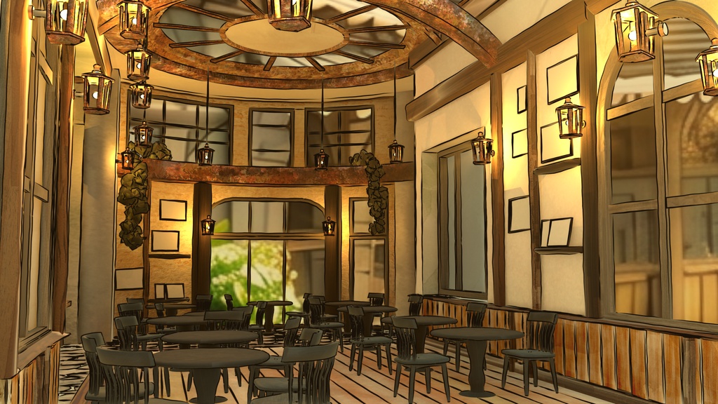 水彩風3D背景素材 異世界カフェ☕【昼・夕方・夜 HDRI切替】Blender対応