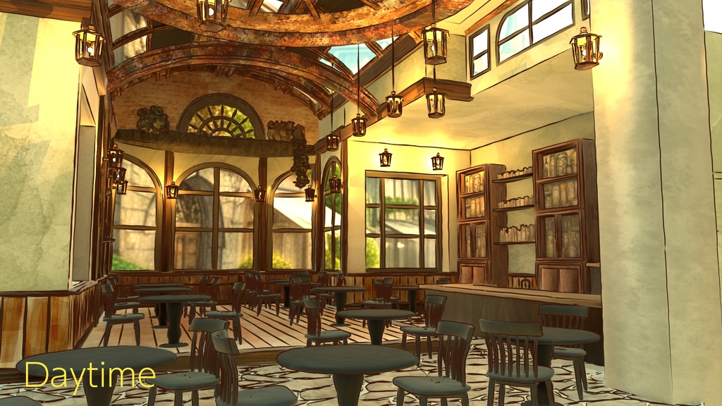 水彩風3D背景素材 異世界カフェ☕【昼・夕方・夜 HDRI切替】Blender対応
