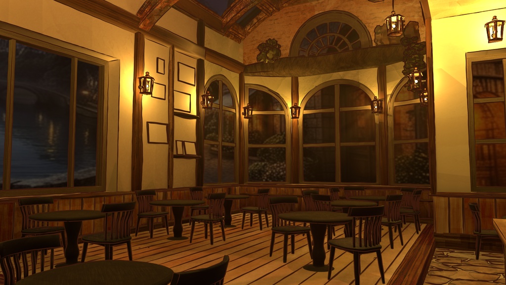 水彩風3D背景素材 異世界カフェ☕【昼・夕方・夜 HDRI切替】Blender対応