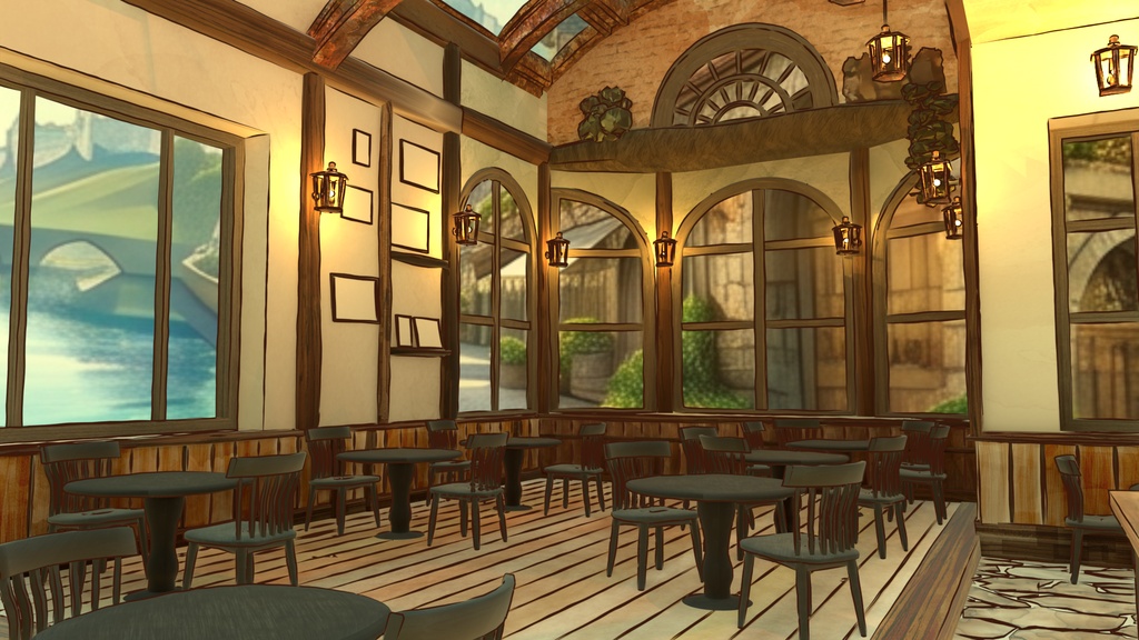 水彩風3D背景素材 異世界カフェ☕【昼・夕方・夜 HDRI切替】Blender対応