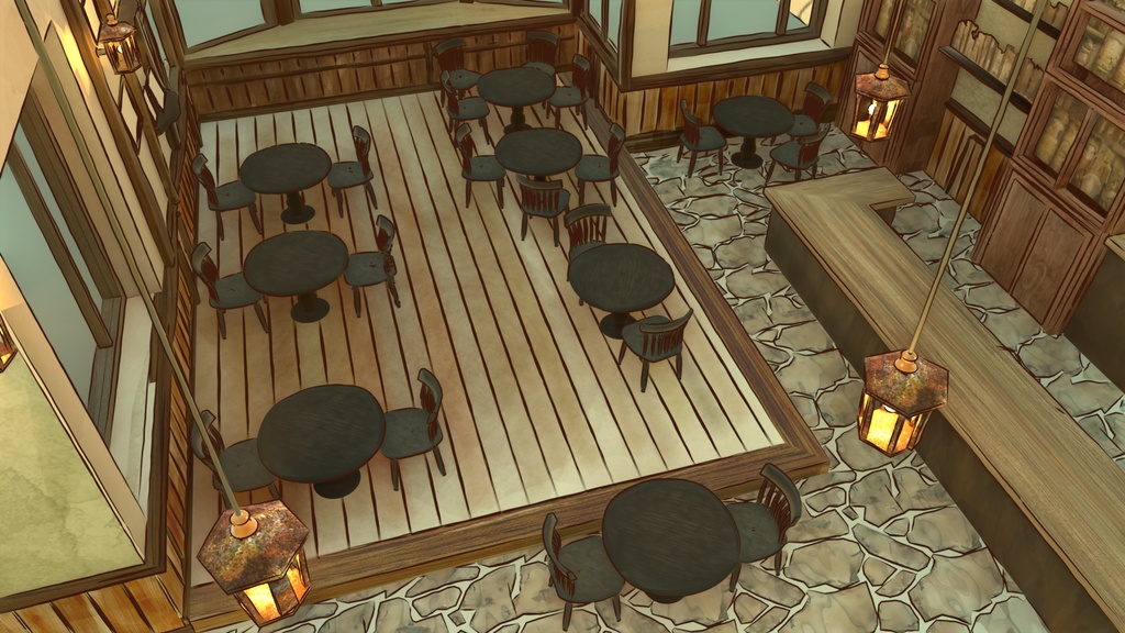 水彩風3D背景素材 異世界カフェ☕【昼・夕方・夜 HDRI切替】Blender対応
