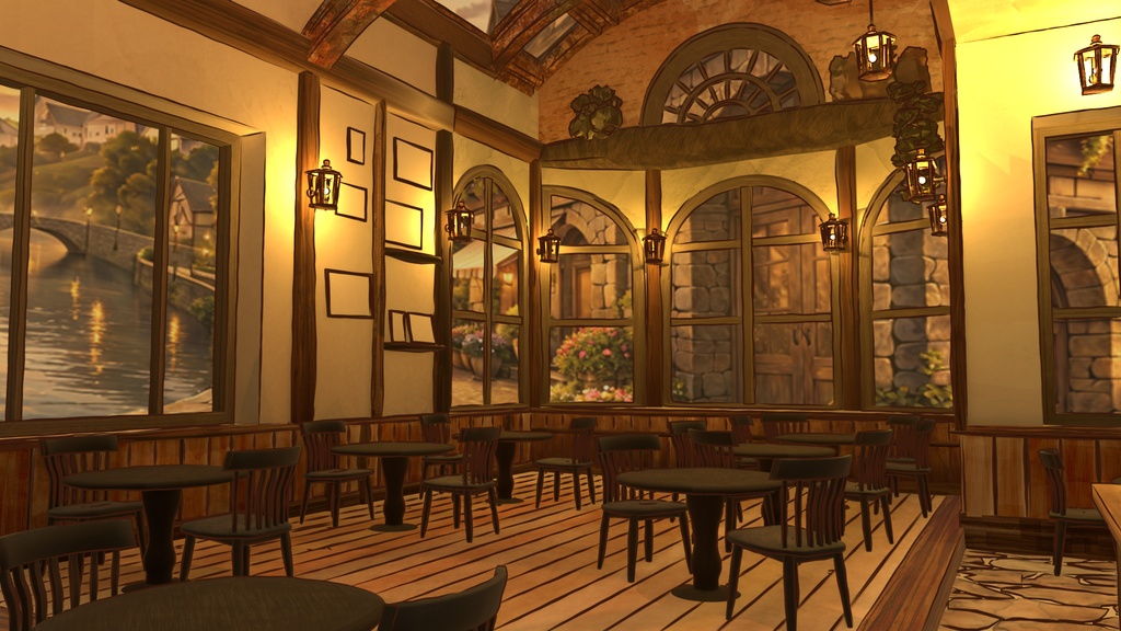 水彩風3D背景素材 異世界カフェ☕【昼・夕方・夜 HDRI切替】Blender対応