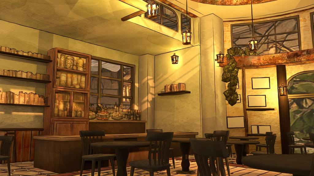 【期間限定無料】水彩風3D背景素材 異世界カフェ☕【夕暮れ版】Blender対応
