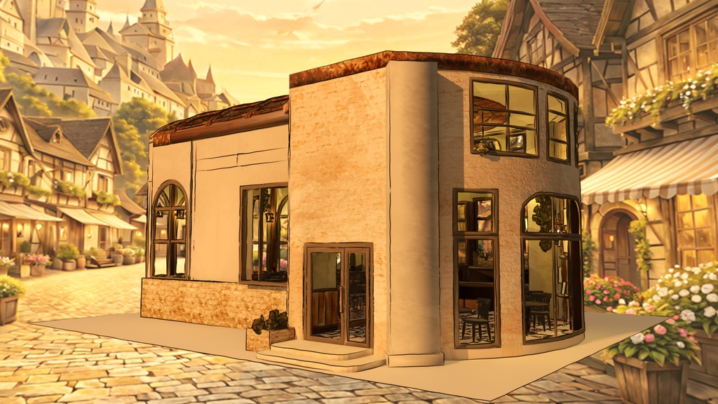 【期間限定無料】水彩風3D背景素材 異世界カフェ☕【夕暮れ版】Blender対応
