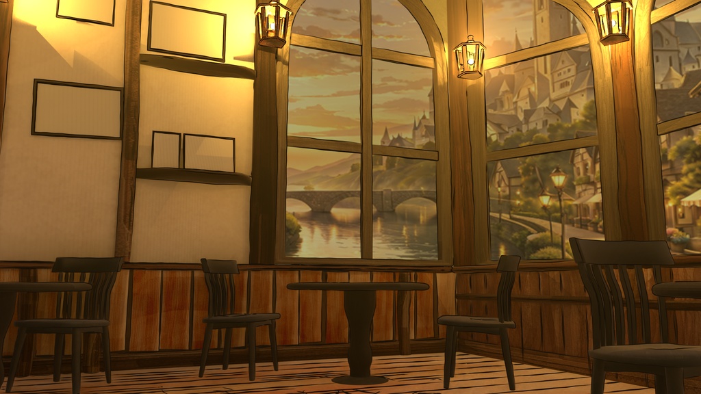 【期間限定無料】水彩風3D背景素材 異世界カフェ☕【夕暮れ版】Blender対応