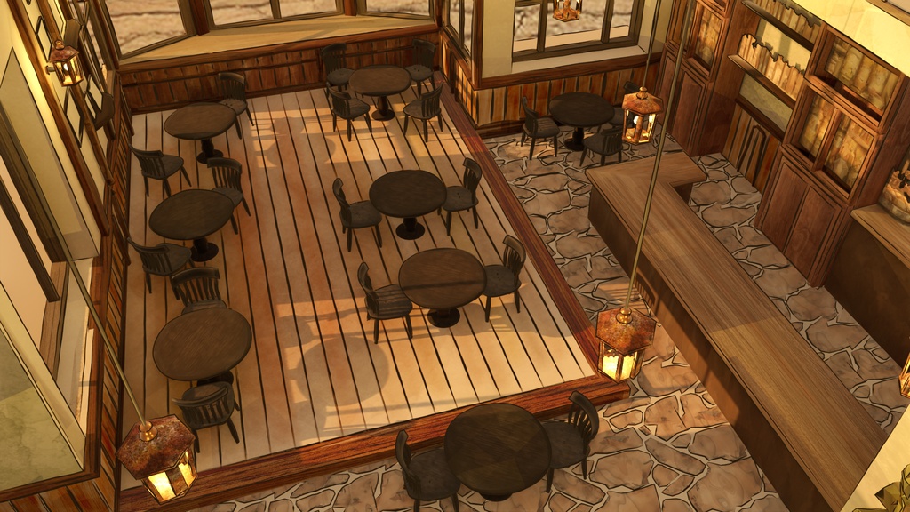 【期間限定無料】水彩風3D背景素材 異世界カフェ☕【夕暮れ版】Blender対応