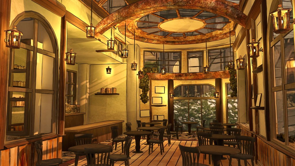 【期間限定無料】水彩風3D背景素材 異世界カフェ☕【夕暮れ版】Blender対応