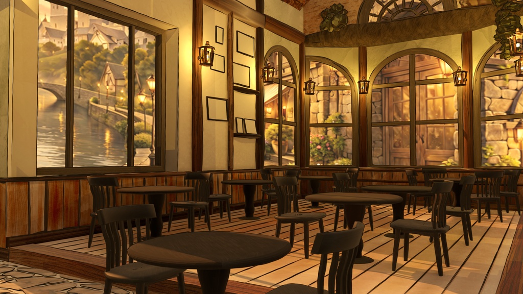 【期間限定無料】水彩風3D背景素材 異世界カフェ☕【夕暮れ版】Blender対応