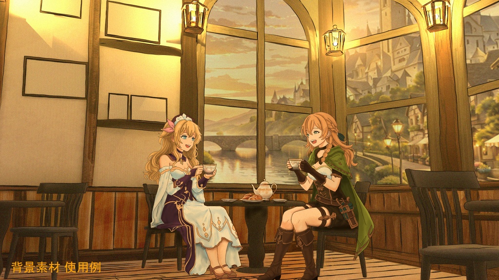 【期間限定無料】水彩風3D背景素材 異世界カフェ☕【夕暮れ版】Blender対応