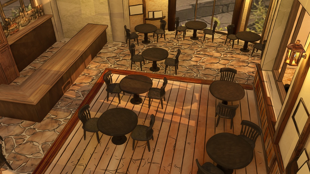 【期間限定無料】水彩風3D背景素材 異世界カフェ☕【夕暮れ版】Blender対応