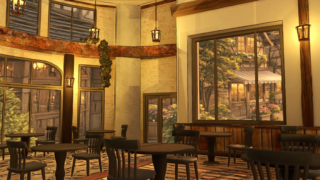 【期間限定無料】水彩風3D背景素材 異世界カフェ☕【夕暮れ版】Blender対応