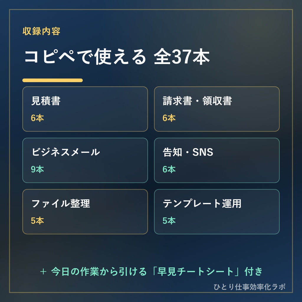 フリーランスのAI事務 実戦プロンプトキット|見積・請求・メールが「埋めるだけ」で片づく37本