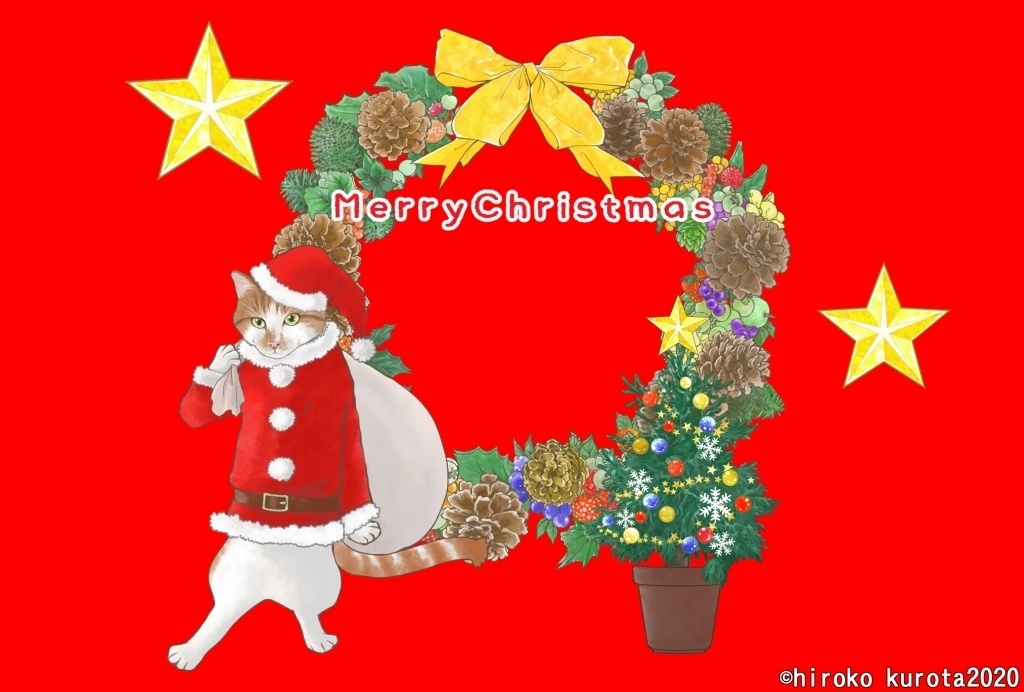 クリスマスカードねこさん-赤-