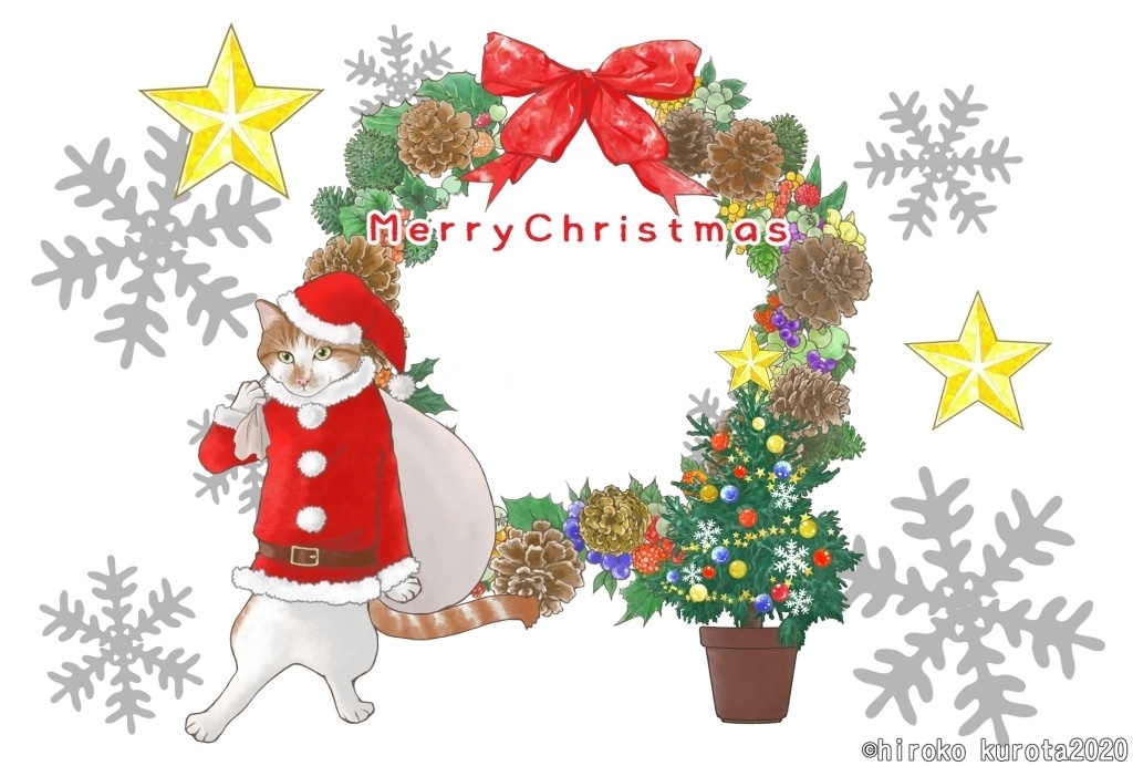 クリスマスカードねこさん-白-