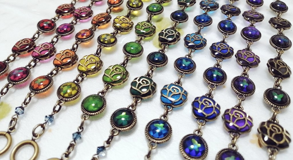 【16.5cm・アンティークゴールド】薔薇×チェック×蝶々ブレスレット