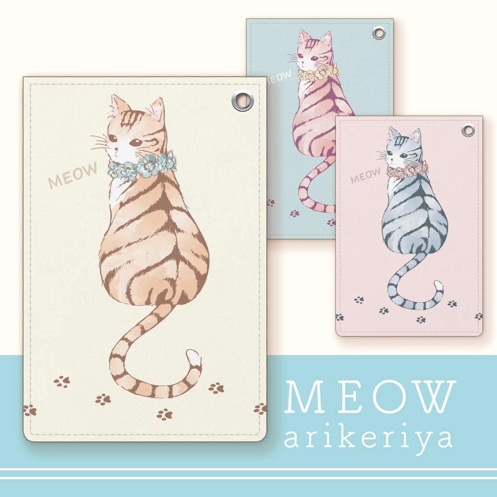 猫 水彩 パスケース オフホワイト ピンク ミント ありけり屋 Arikeriya Booth