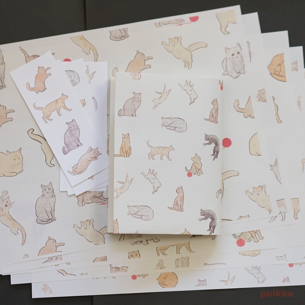 紙製ブックカバー+しおり 猫イラスト(カラー)