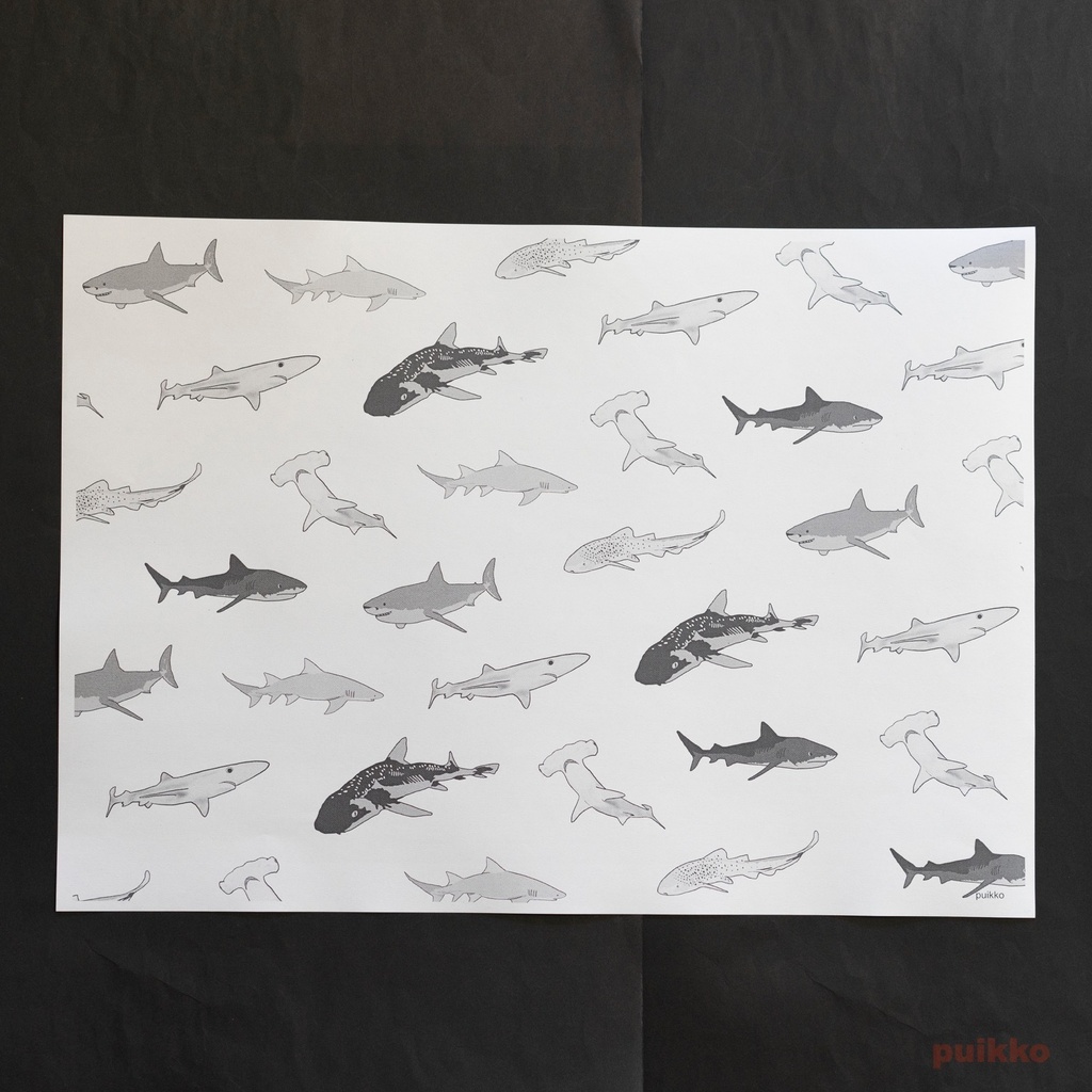 紙製ブックカバー サメ(モノクロ) A3判(5枚セット)