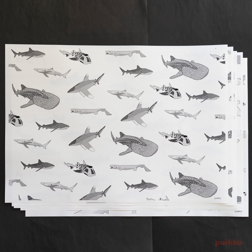 紙製ブックカバー サメ(モノクロ) A3判(5枚セット)