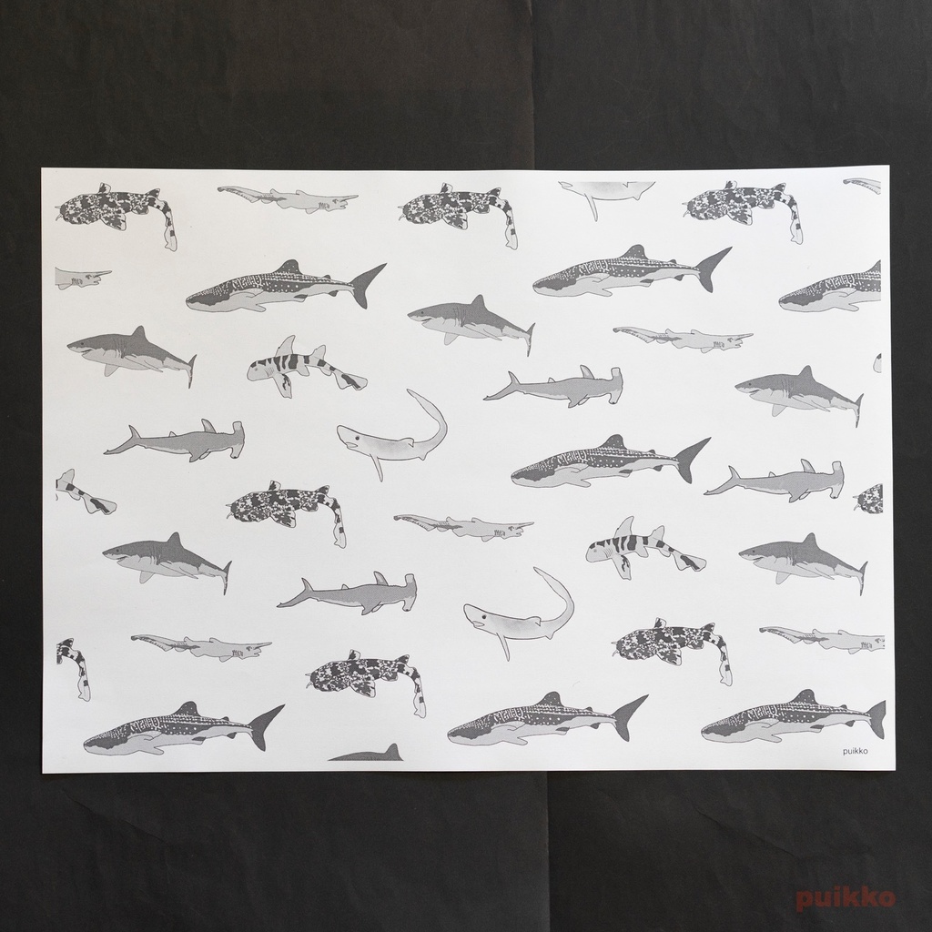 紙製ブックカバー サメ(モノクロ) A3判(5枚セット)
