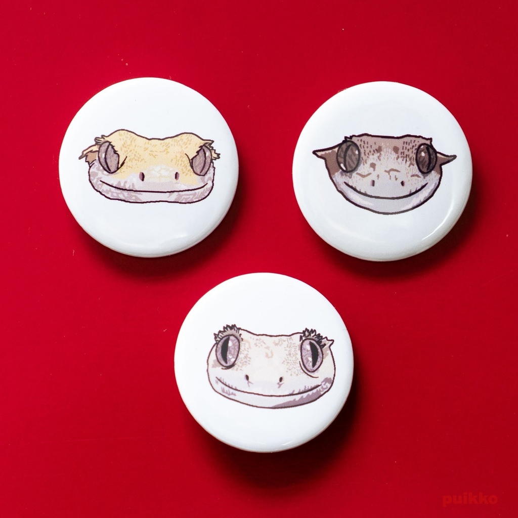 缶バッジ 32mm　クレステッドゲッコーの正面顔2（3個セット）
