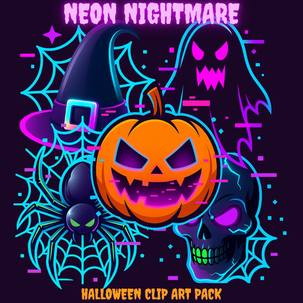 🎃 Neon Nightmare Halloween Clip Art Pack – Glowing PNG Graphics for Digital Creators