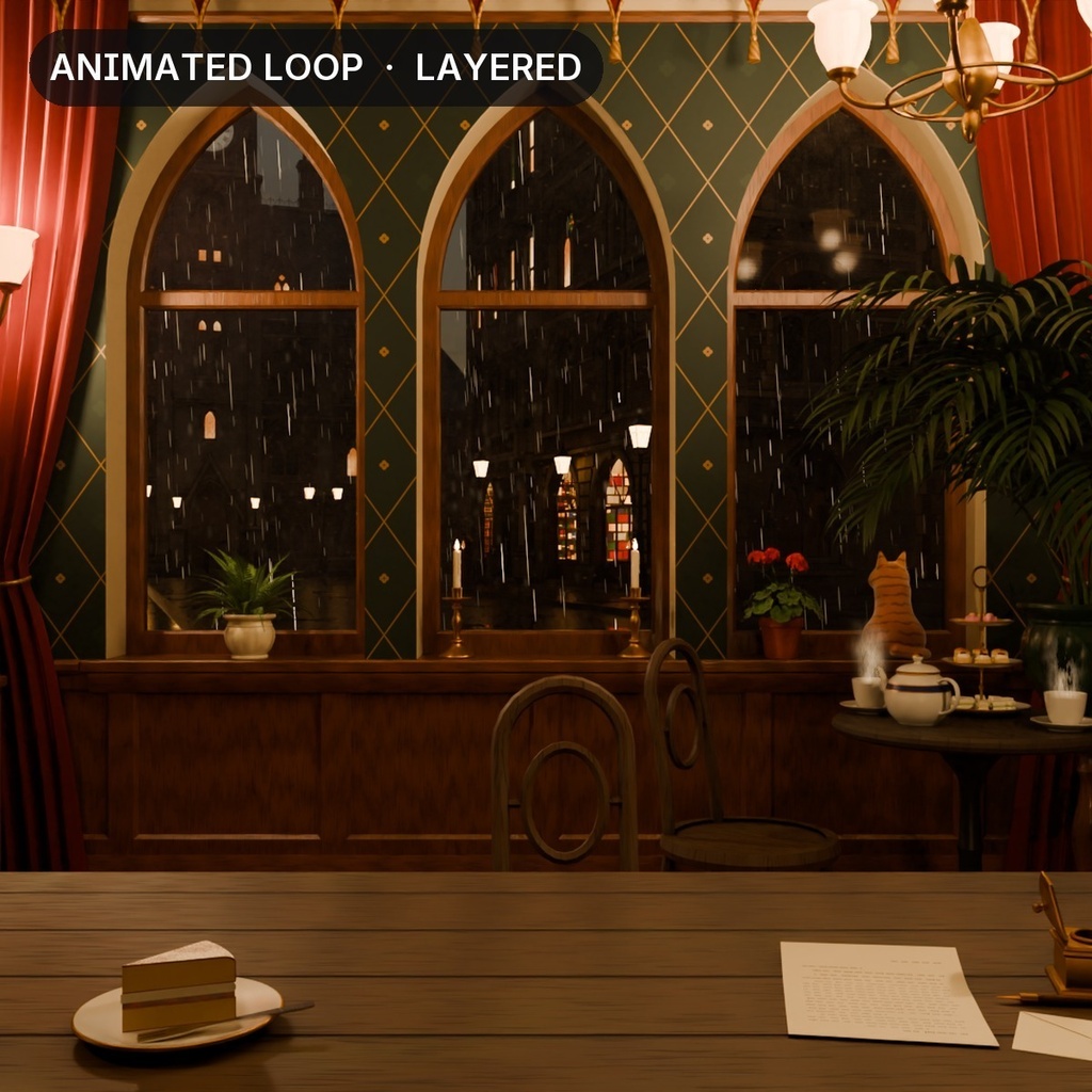 【動く配信背景】雨のゴシックな喫茶室 Rainy Gothic Tea Room|VTuber向け・レイヤー分け・ループ素材
