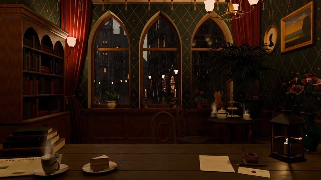 【動く配信背景】雨のゴシックな喫茶室 Rainy Gothic Tea Room|VTuber向け・レイヤー分け・ループ素材
