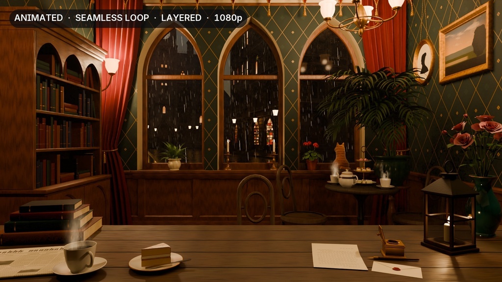 【動く配信背景】雨のゴシックな喫茶室 Rainy Gothic Tea Room|VTuber向け・レイヤー分け・ループ素材